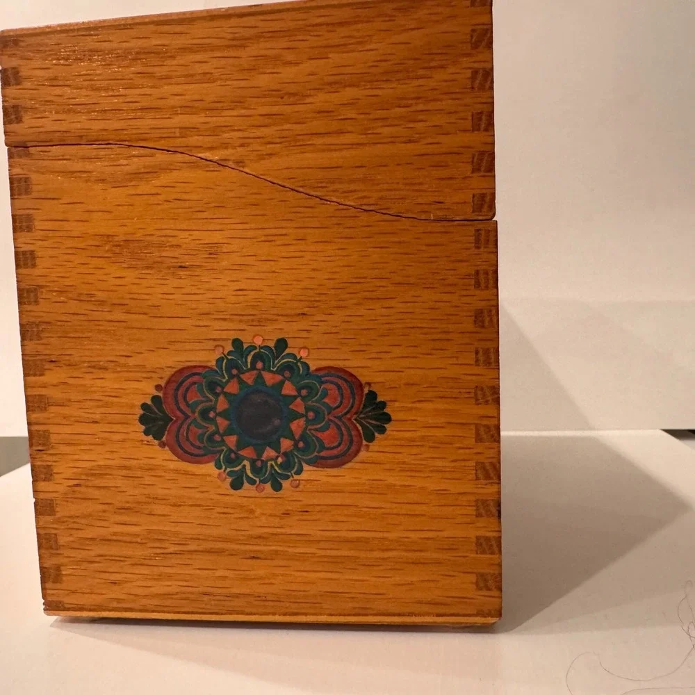 Vintage Wooden Jewelry Box Hinged Hidden Drawer Design Folk Art Detail‎